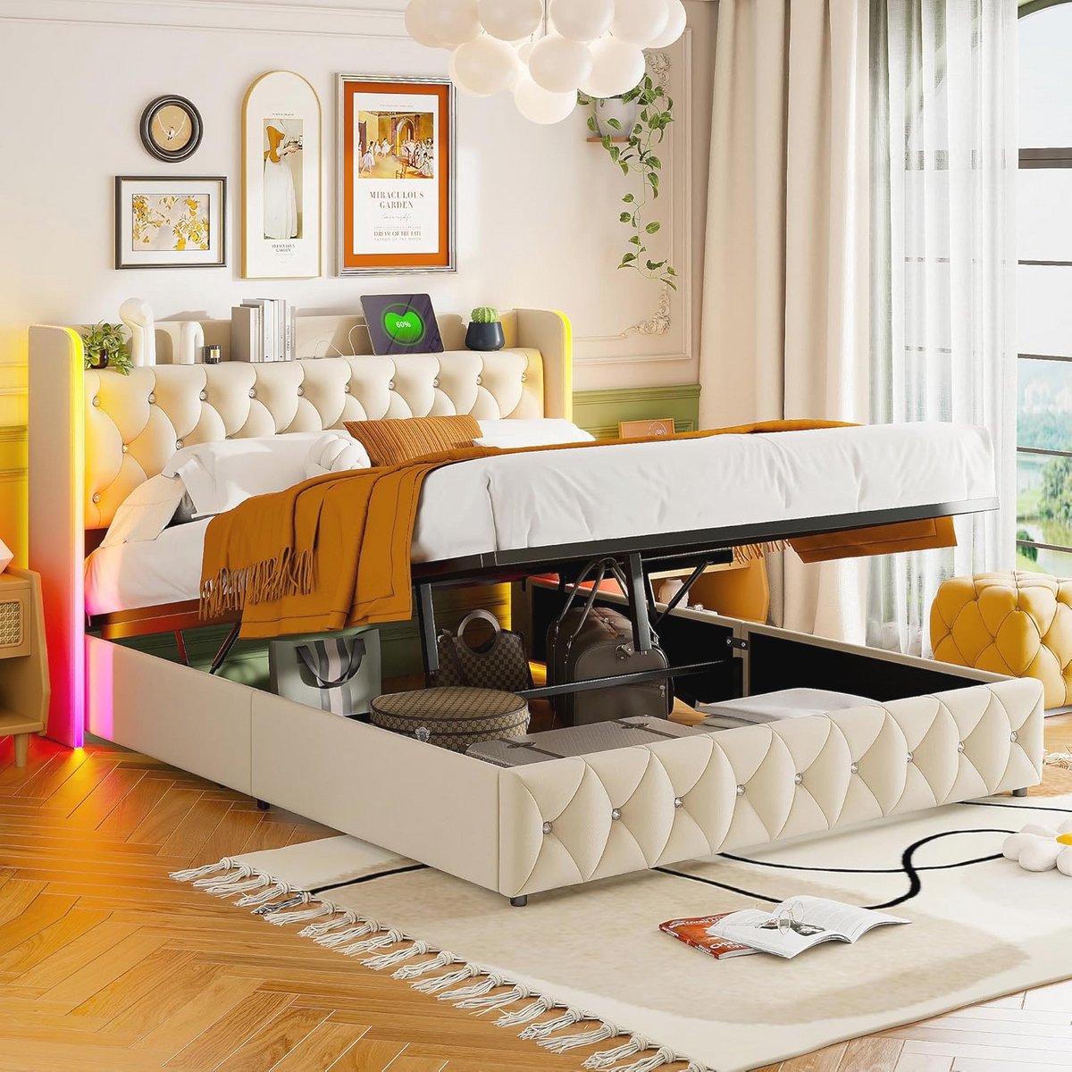Gestoffeerd tweepersoonsbed met led-hoofdeinde en USB-C-oplaadfunctie - 160 x 200 cm, opbergruimte en lattenbodem