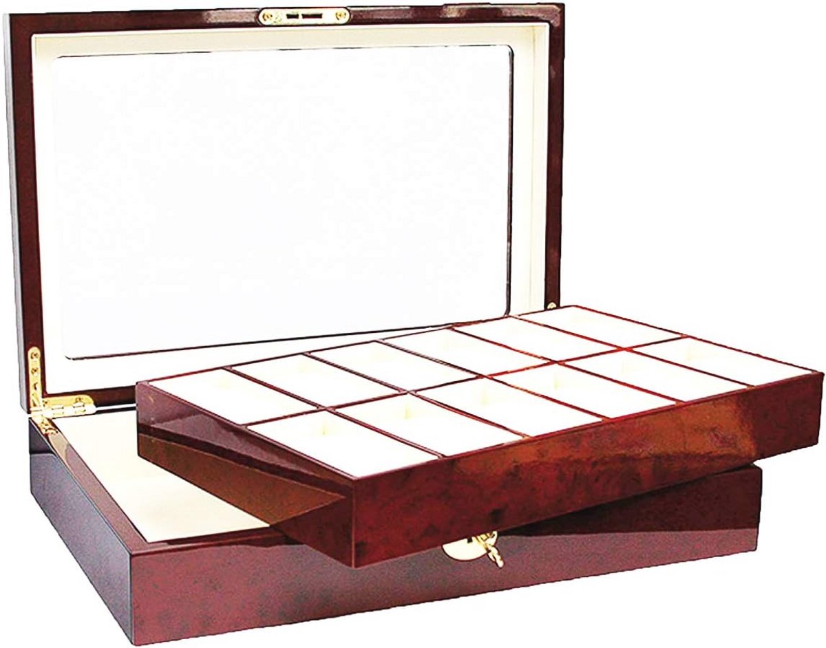 Houten Horlogebox voor 12 Horloges - Mahonie Kleuren - Transparante Deksel en Slot