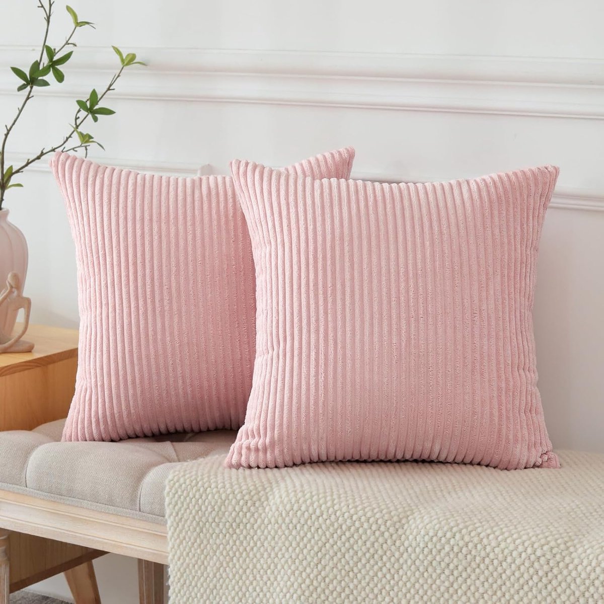 Famanu Set van 2 corduroy kussenslopen 40 x 40 cm, zacht gestreept, effen, decoratieve kussenslopen, vierkante kussenslopen voor bank, bank, woonkamer, bed, thuis, boho, decoratie, 40 x 40 cm (roze)