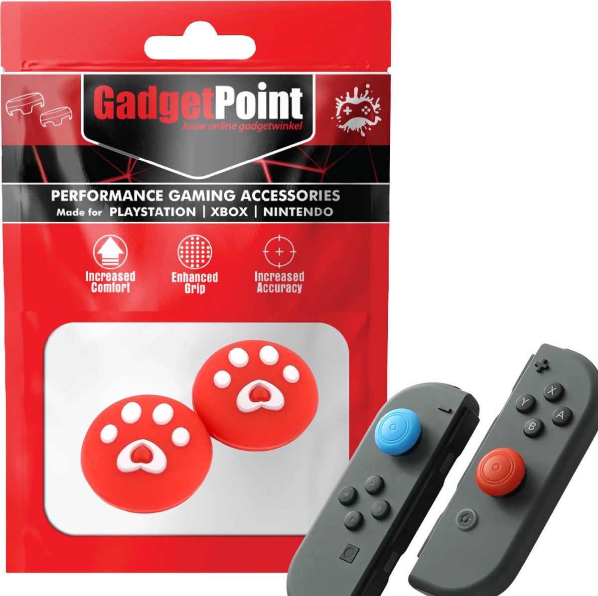 Gadgetpoint - Thumb Grips voor Nintendo Switch Joy-Con Controllers - Gaming Thumbgrips - Performance Anti-Slip Thumbsticks - Bescherming Accessoires - Pootjes - Rood met Wit