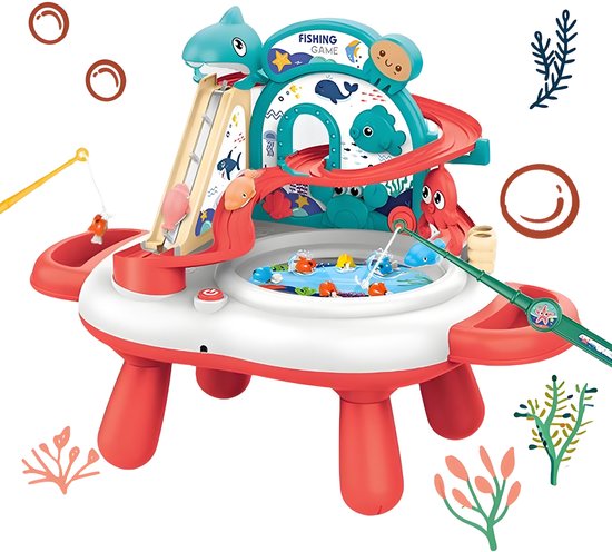 Interactieve 3-in-1 Watertafel & Visspel - Elektrisch Waterspeelgoed met Glijbaan, Muziek & 2 Hengels - Magnetisch Vissen Spel voor Binnen & Buiten - Fishing Set Speelgoed - Speelset - Badspeelgoed met Visspel - Zomer Cadeau voor Kinderen 3 Jaar,Rood