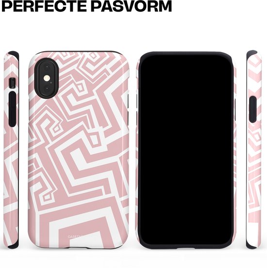 Roze hoesje met wit abstract geometrisch patroon, toont zijkanten en voorkant.