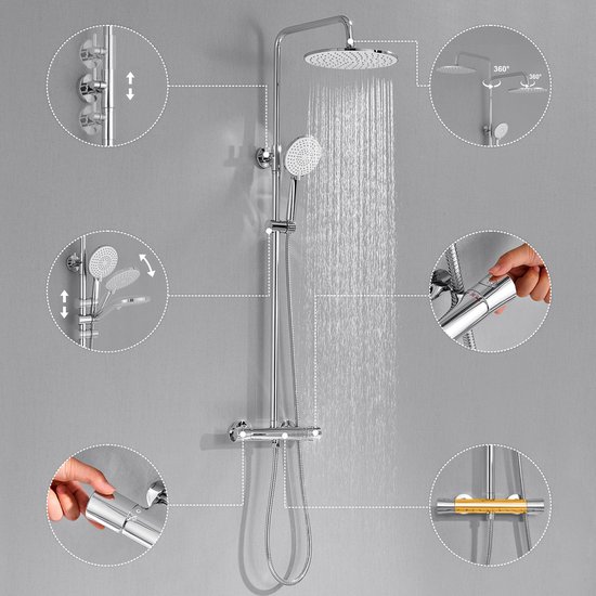 Verchroomd douchesysteem met thermostaatkraan, in werking tijdens het douchen met water uit de hoofd- en handdouche.