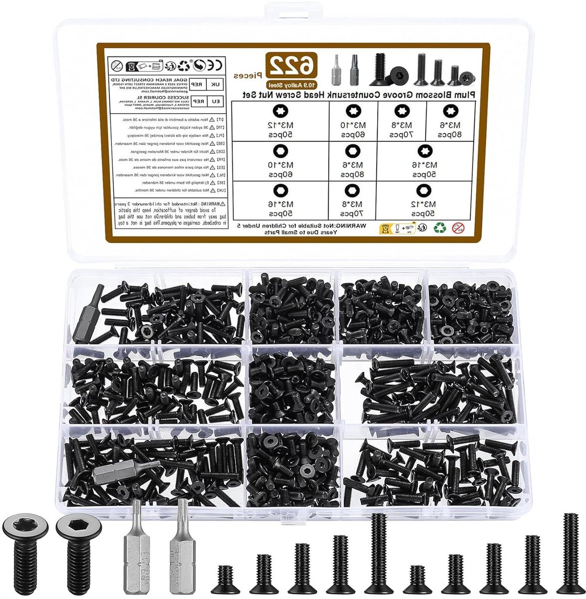 Cosensi - 620-delige M3 schroevenset met diverse koppen, zwart, volledige schroefdraad