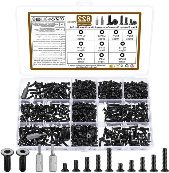 620 Stuks M3 Schroevenset – Verzonken Kop, Inbus En Torx, Zwart, Volledige Schroefdraad, Inclusief Bits, Koolstofstaal 10.9, Voor Precisie, Meubels En Auto's