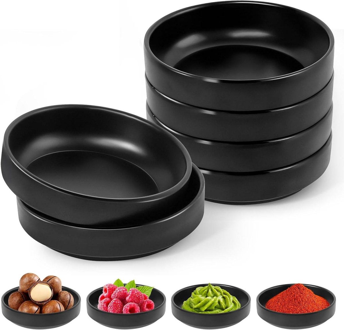 Cosensi - Dipschalenset voor sauzen, dips en snacks - 6 stuks zwart rond - Mini-schaaltjes voor sojasaus en sushi - Afmetingen 8,7 cm x 2,5 cm