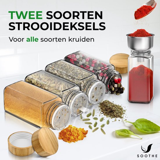 Soothe 24 Pots à Épices en Verre Carrés avec Couvercles en Bambou - 2 Types de Couvercles à Saupoudrer - Saupoudreur d'Épices - Spice Jars - Ensemble Complet incluant des Étiquettes d'Épices, un Stylo Craie et des Accessoires - 120ml