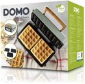 Doos van de DOMO wafelijzer met twee wafels, grillplaten en productinformatie.
