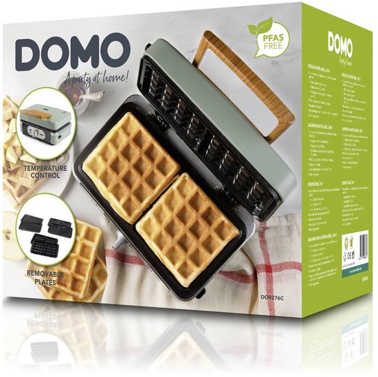 Doos van de DOMO wafelijzer met twee wafels, grillplaten en productinformatie.