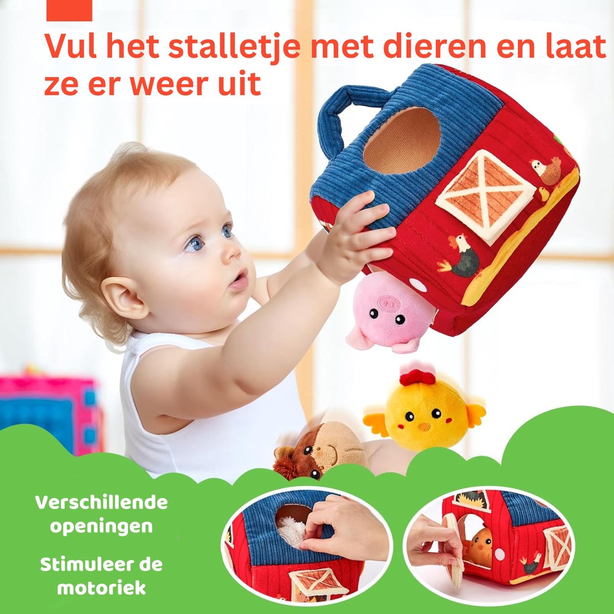 Baby Speelgoed 6-12 maanden - Sensorisch Pluche Speelgoed met Stal en 6 Dierenvriendjes - Montessori Speelgoed met Boerderijdieren - Baby Cadeau met Knuffels - Educatief speelgoed - Kinderspeelgoed 1-3 jaar — afbeelding 5