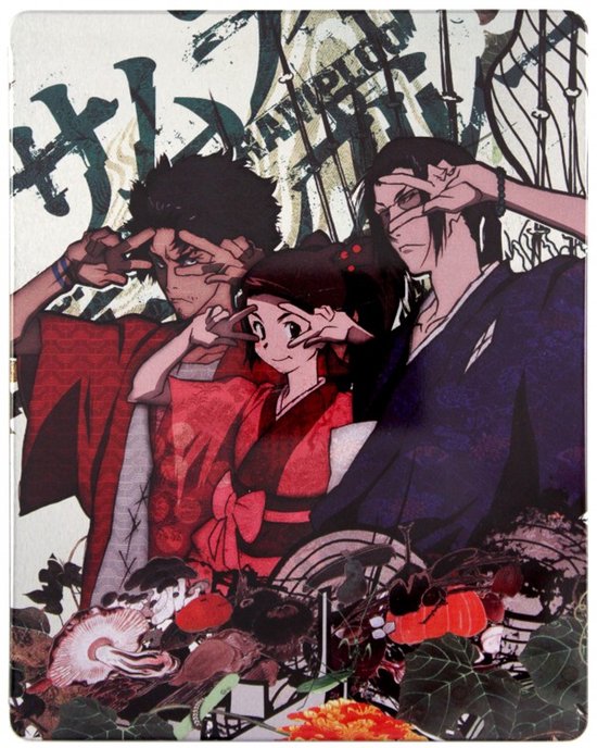Drie anime-personages in traditionele kleding, Samurai Champloo met Japanse karakters.
