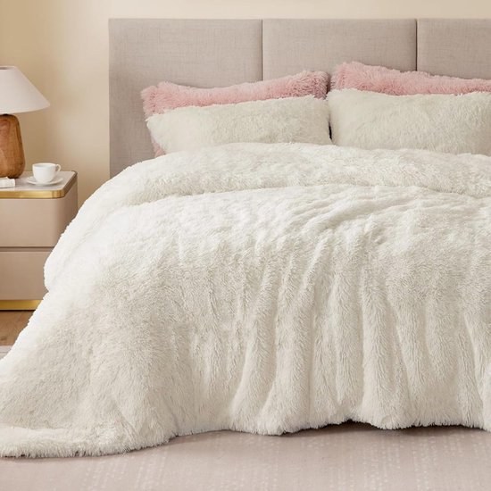 Goodivery® - Fluffy Dekbedovertrek - Pluche beddengoedset - 135 x 200 cm - Wit - Crème - Warme winter - Fluffy flanellen dekbedovertrek voor meisjes met rits en 1 kussensloop 80 x 80 cm