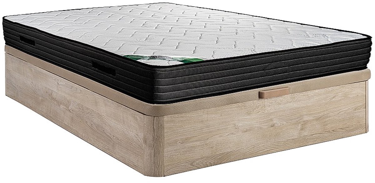 Vente-unique Set 160 x 200 cm bedbodem met opbergruimte, licht naturel + matras van schuim en tijk van bamboe van 25 cm dik - BERENDI van NATUREA