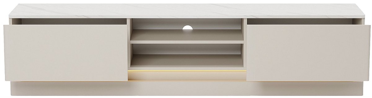 Vente-unique Tv-meubel in MDF met 2 lades, 2 vakken en ledverlichting - Beige en witte marmereffect - DEVIKA Beige, Wit