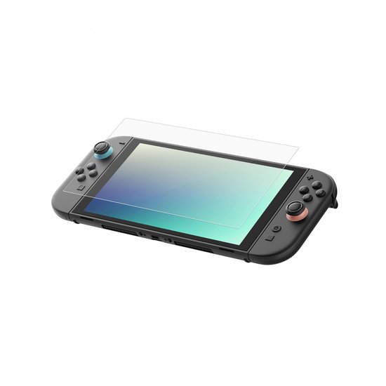 Nintendo Switch met een reflecterende screenprotector aangebracht. De protectie is transparant.