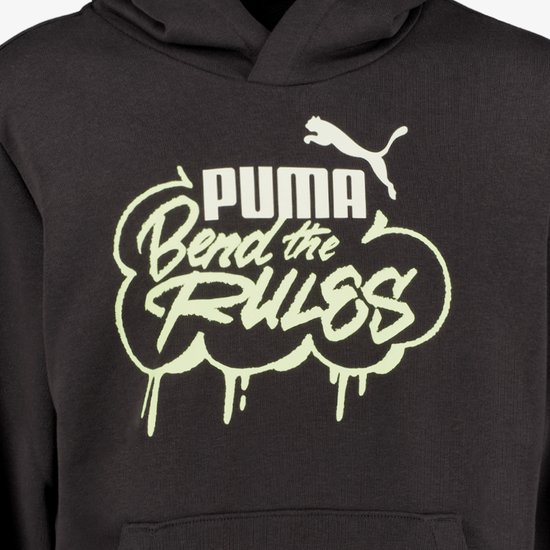 Zwarte hoodie met opdruk 'PUMA Bend the RULES' in neon geel.