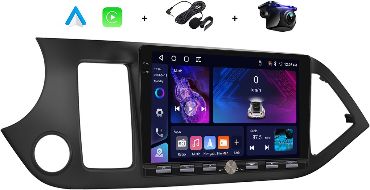 Boscer® Android 15 Autoradio Geschikt voor Kia Picanto (2011–2017) - 9 inch HD IPS Touchscreen - 4+64GB - Draadloze Apple CarPlay & Android Auto - GPS Navigatie - WIFI, Bluetooth & USB - Inclusief Microfoon & AHD Achteruitrijcamera - Nieuw 2026 Model
