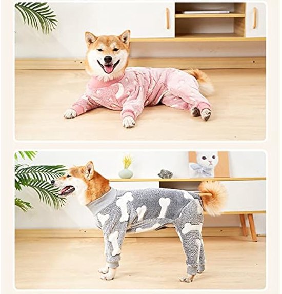 Hond in roze pyjama met maan/sterren en in grijze pyjama met bottenprint.