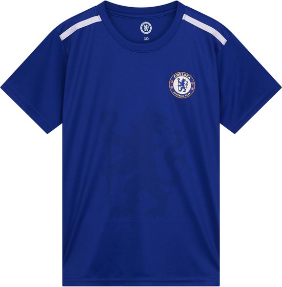 Blauw Chelsea FC kinder voetbalshirt met leeuw print en witte schouderstrepen, maat 10 zichtbaar.