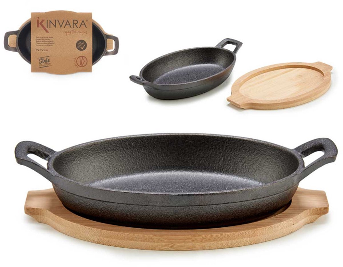 Small Ovaal Gietijzeren Pan met Bamboe Plateau - 22,5 cm - Voor Oven en Kookplaat - Barbecue Pan - Iron Cast