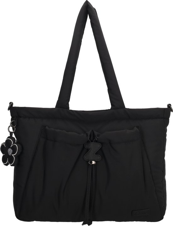 Zwarte tas met bloemhanger, trekkoord en twee voorvakken.