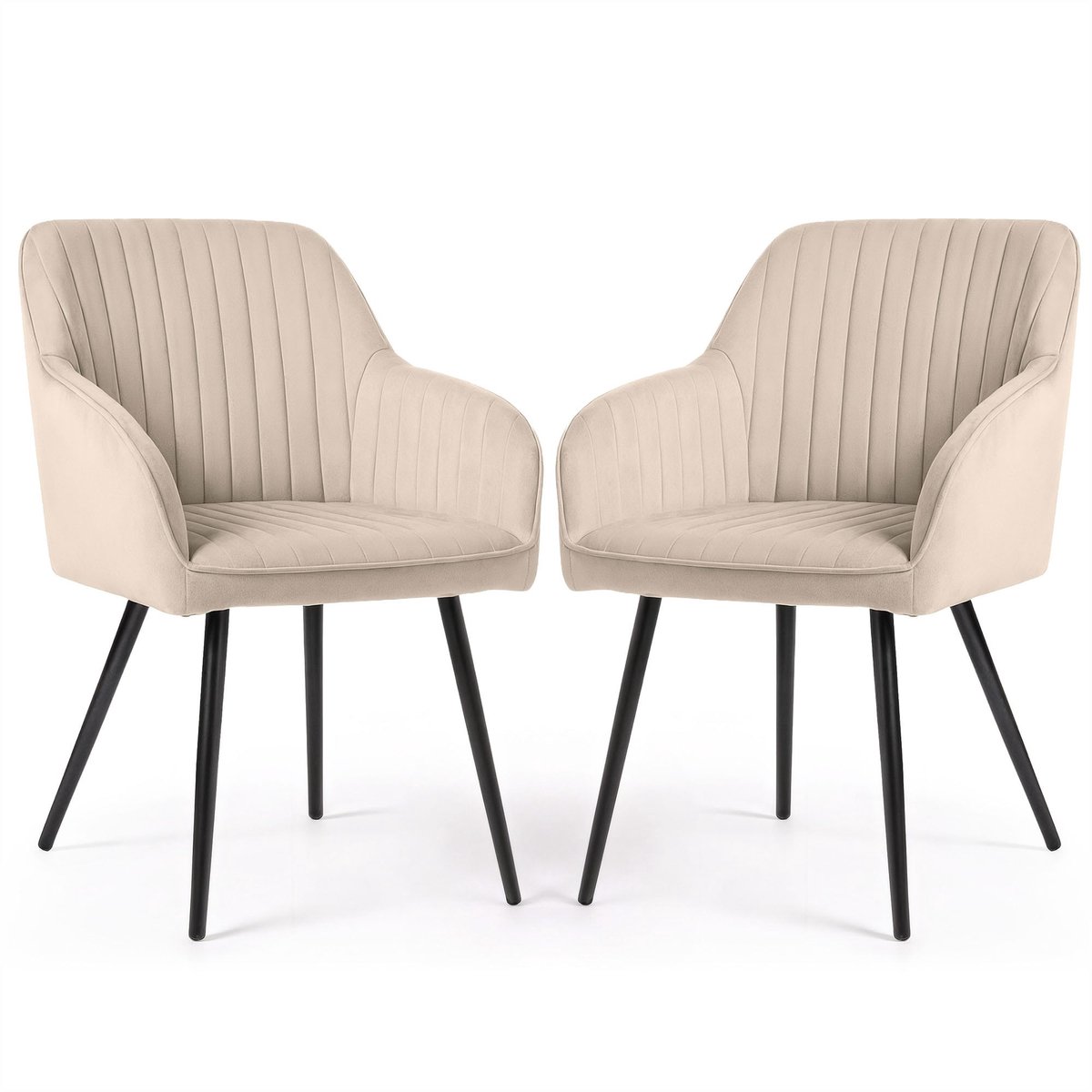 Set van 2 Eetkamerstoelen FLORENCE met Armleuningen / Gestoffeerde Stoelen / Fluwelen Stoelen en Metalen Poten / Beige met zwarte benen