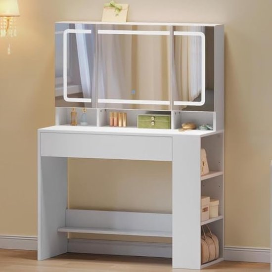 TRIUMPHKEY Grote Kaptafel met Spiegel en Verlichting, hoek-kaptafel met ledverlichting, verstelbare helderheid en kruk, make-uptafel met 5 laden, stopcontact, haardrogerhouder,modern(Wit