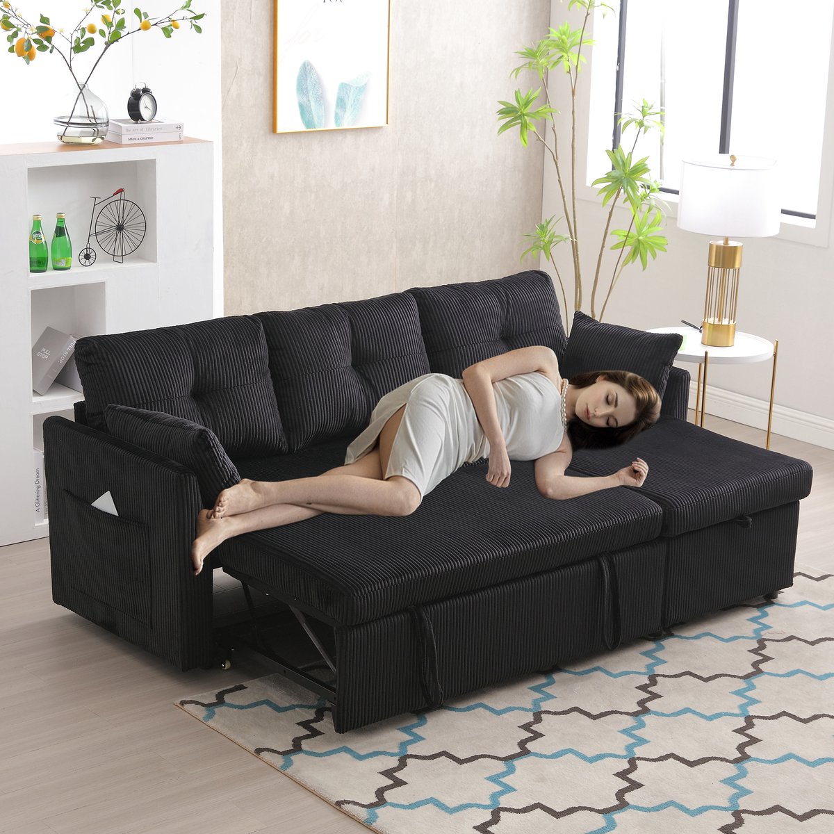OKWISH Modulaire Hoekbank - 3-Zits Modulaire Zitbank Met Wisselbare Chaise Longue - Slaapfunctie & Verborgen Opbergruimte - Voor Woonkamer - Stof - Zwart