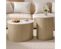 Re-purelife® Scandinavisch Koffietafel Set Naturel/Wit - 2-delige Salontafels met S-vorm & Marmer/Hout Look - Beistel- en Bijzettafel 60*37*38 CM & 40*25*50 cm - Woonkamer Tafel Set