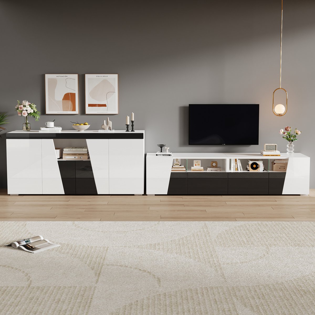 REDOM TV-meubel 180x38,5x45 cm van MDF en spaanplaat, hoogglans front, met LED-verlichting Wit