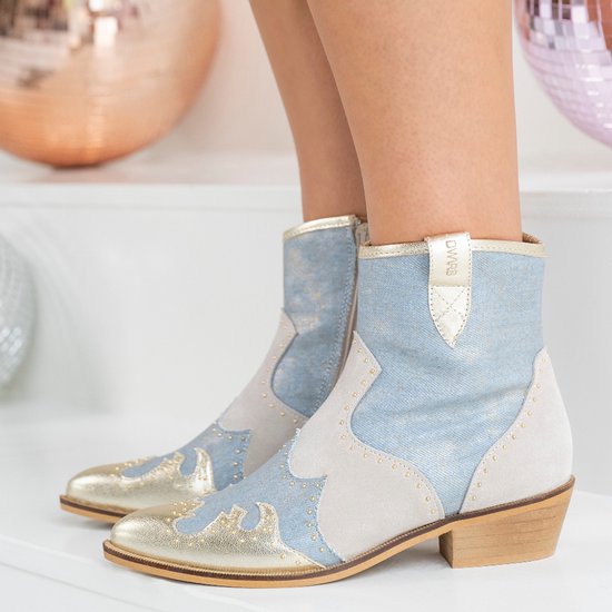 Bottes de cowboy à talons pour femme DWRS® - Beige - Cuir - Taille 41 - Look Jeans