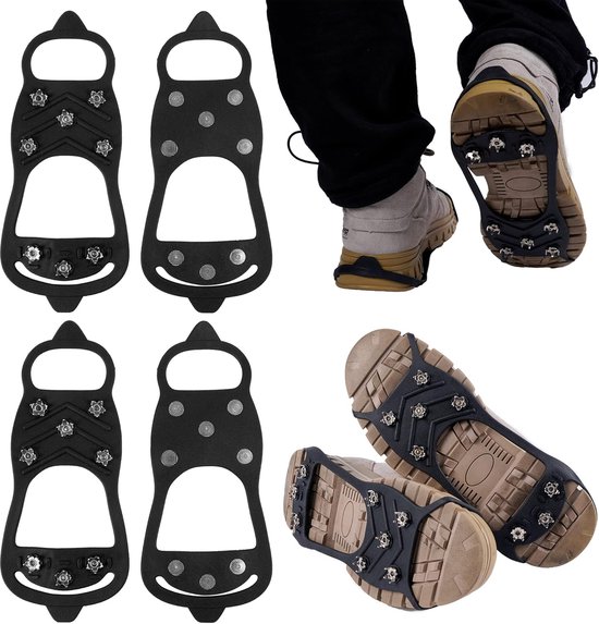 2× Snow grips over schoenen/laars - Maat L (41-46) - Anti Slip Sneeuwzolen - Antislipzolen - Grip Schoenspikes - Veilig Lopen Op Sneeuw En Ijs - Crampons - Stijgijzers - Antislip stijgijzers met 8 tanden - voor winterwandelen, trekking, rotsklimmen