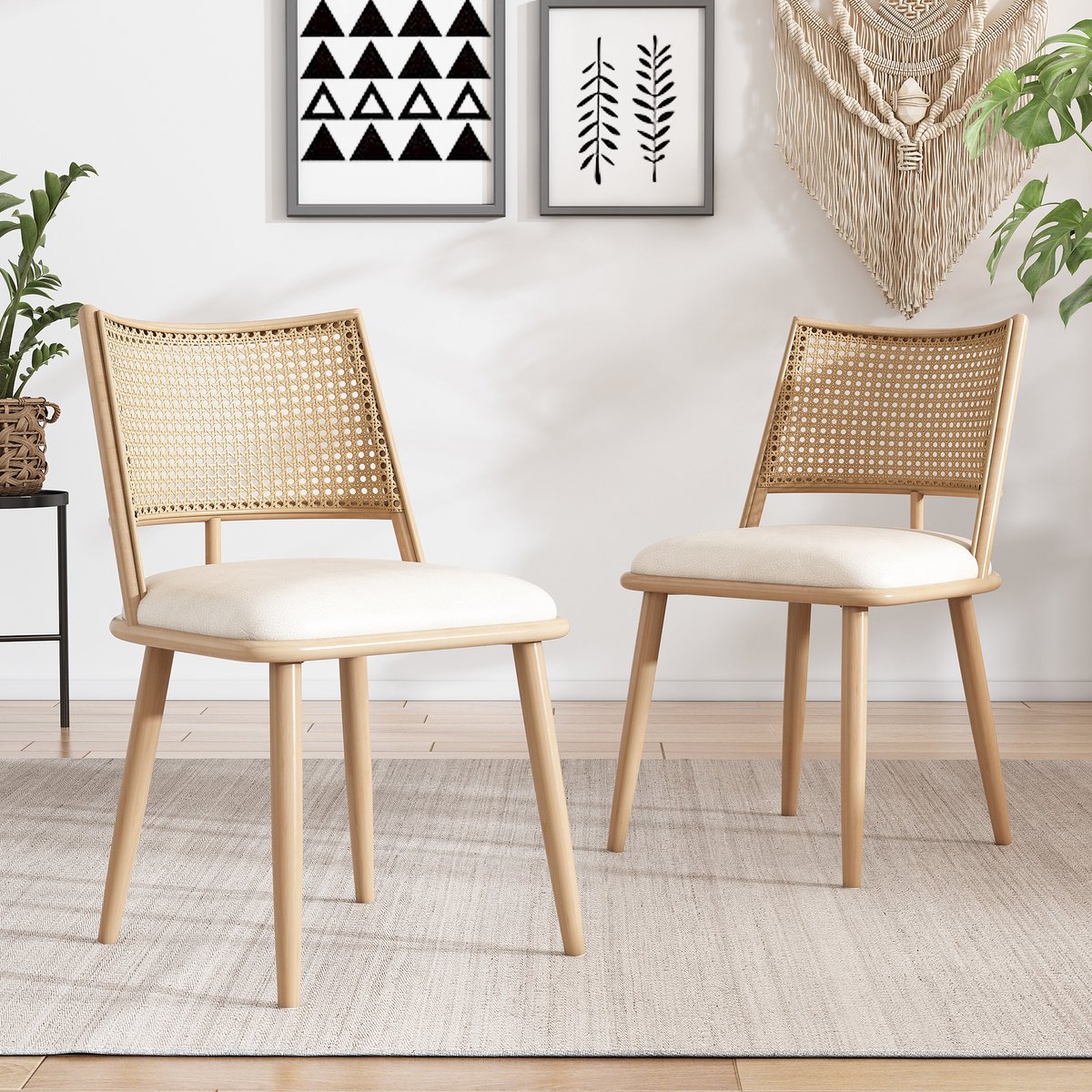 STILVORA Eetkamerstoelen – Rattan Design – Set van 2 – PU Zitting met Beige Kleur – Voor Woonkamer & Slaapkamer