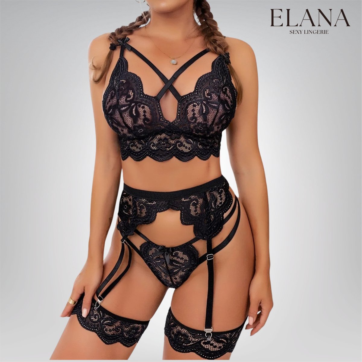 Elana Sorina – Luxe Kant Lingerie Set met Bh, String & Jarretels – Verleidelijke Dames Lingerie – S – Zwart