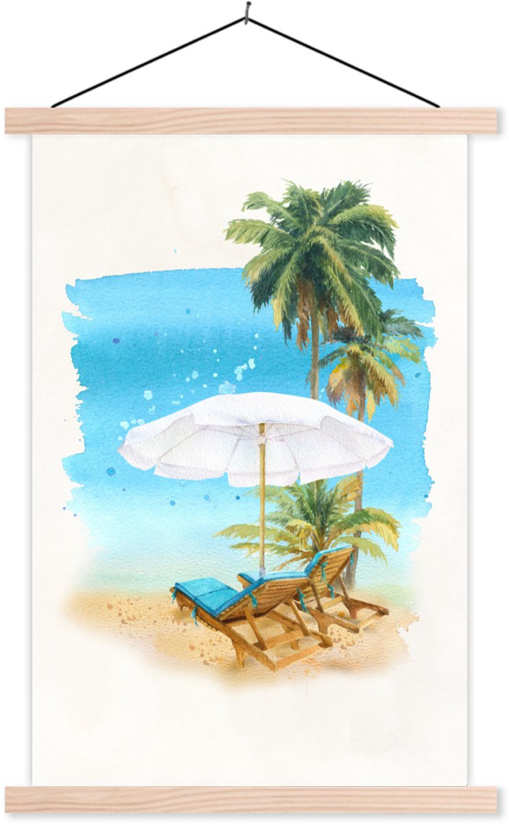 Posterhanger incl. Poster 60x90 cm - Schoolplaat - Strandstoel - Parasol - Palmboom- Zee -