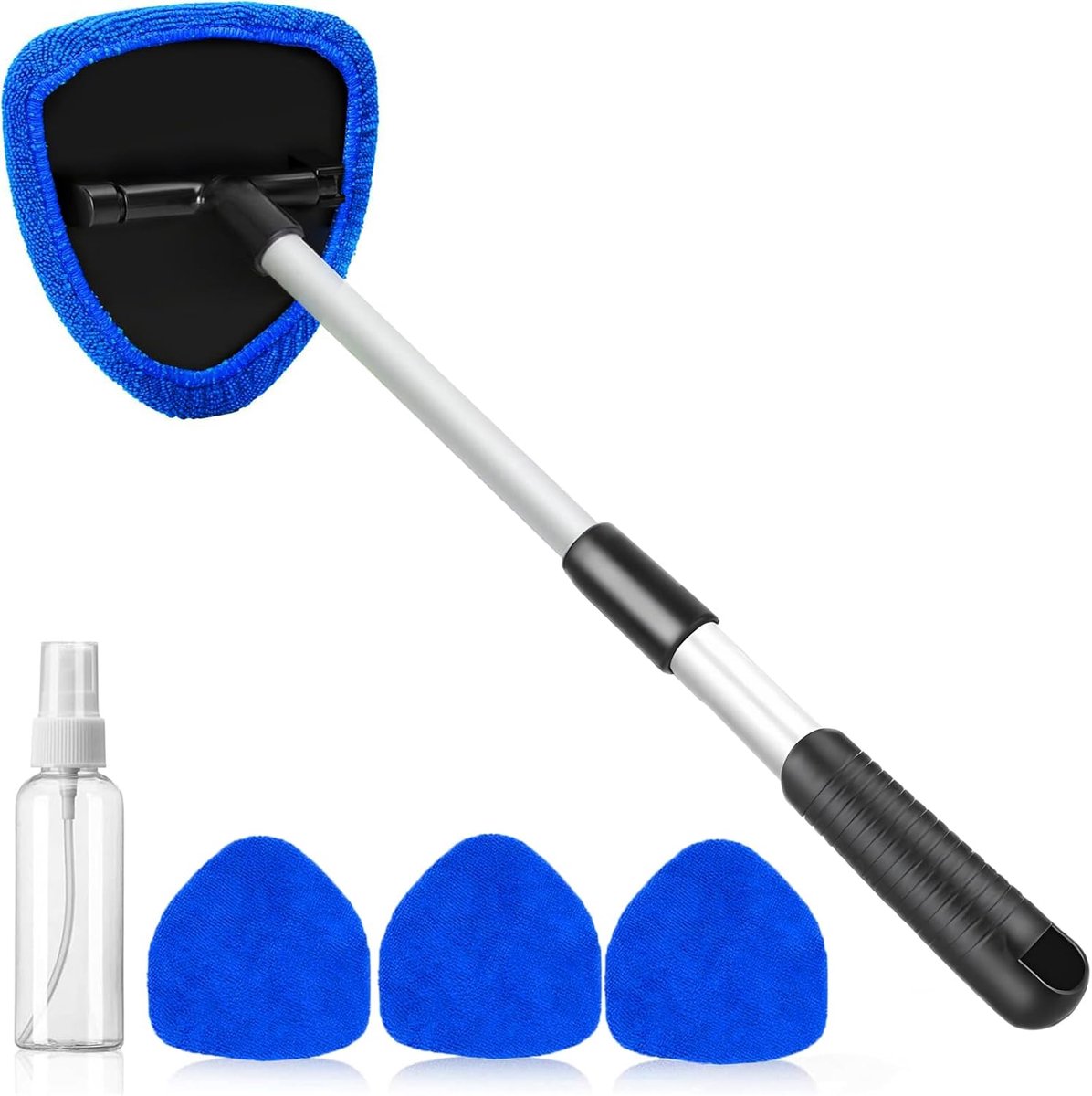 Voorruitreinigingsset, autoruitenreiniger, ruitenwisservloeistof met 4 herbruikbare, wasbare microvezelpads en een uitschuifbare steel. Automatische interieurruitenwisserset (donkerblauw).