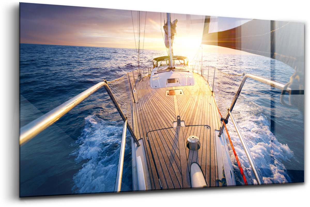 Wallfluent Glasschilderij - Zonsondergang op het dek van een zeilboot Glas Schilderij - 140x70 cm - Blauw Horizontale muurfoto - Voertuigen Foto Op Glas - Glas Foto - Foto In Glas