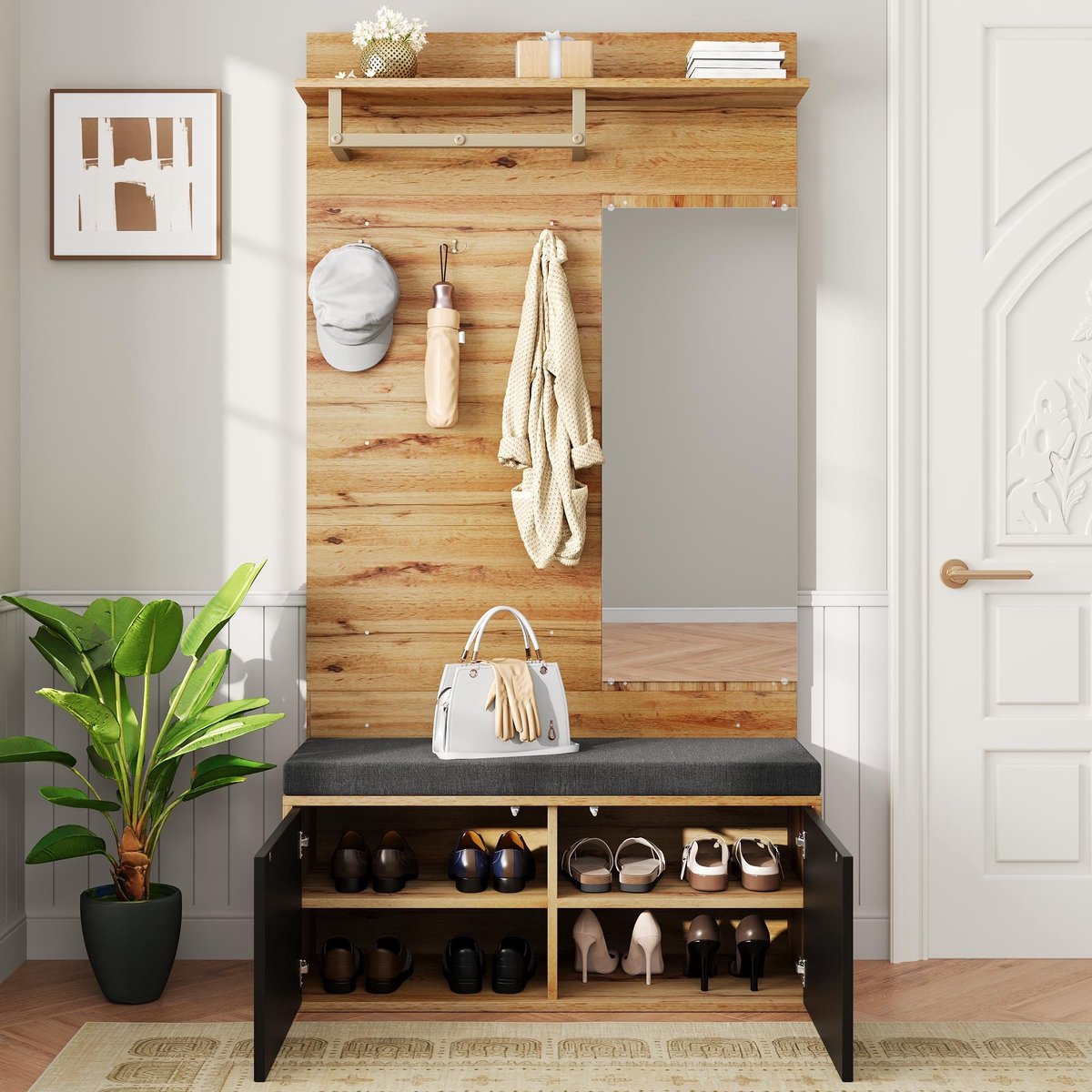 OKWISH Garderobekast – Compact Halmeubel Met Spiegel En Zitbank – 2 Deuren – Schoenkast – Spaanplaat Zwart+Bruin – 100x38x190 cm