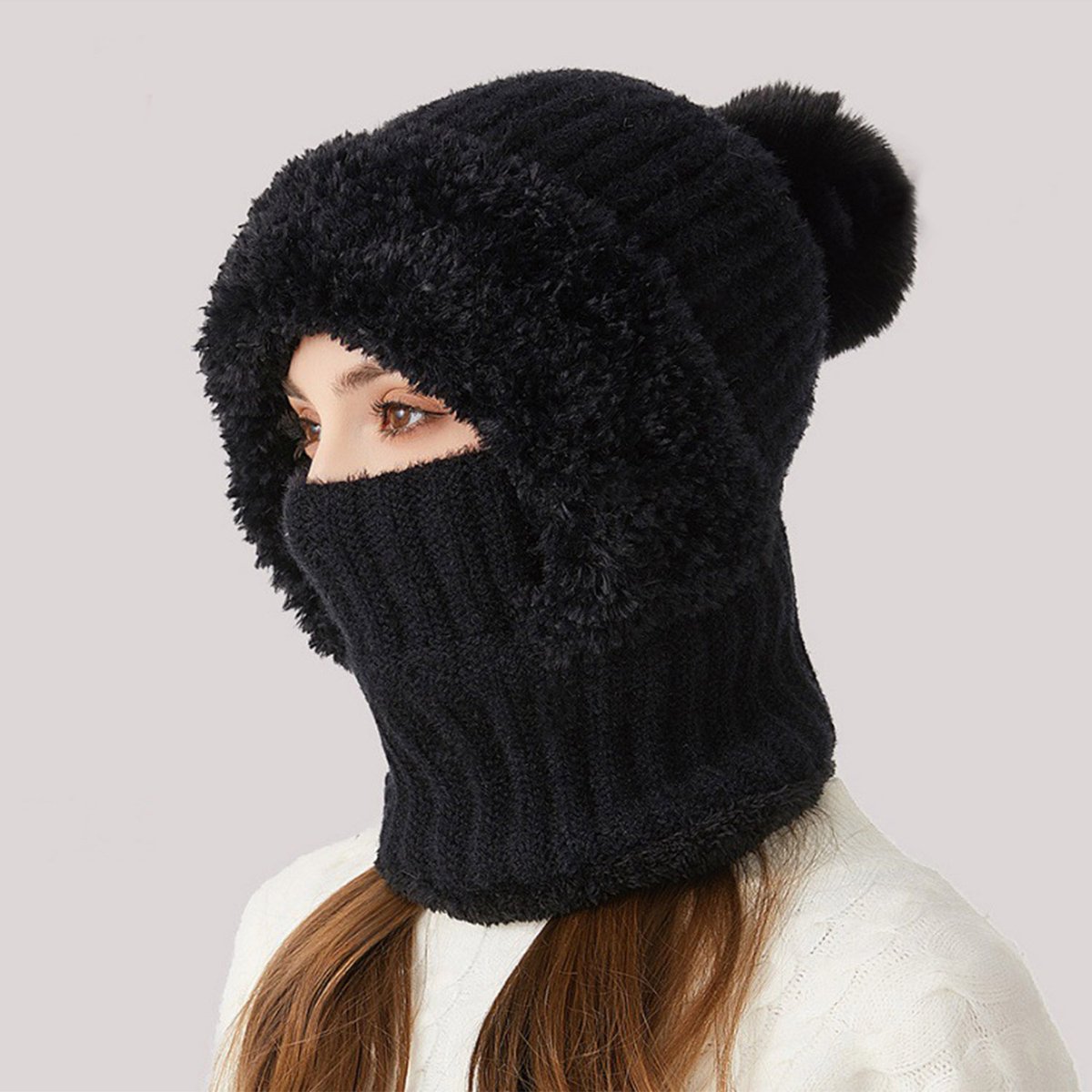 MAGICSHE 3-in-1 Colsjaal met Capuchon, Wintermuts Dames, Gevoerd met Fleece, Gebreide Winter Sjaal met Capuchon en Nekwarmer- Winddicht & Warm - Zwart
