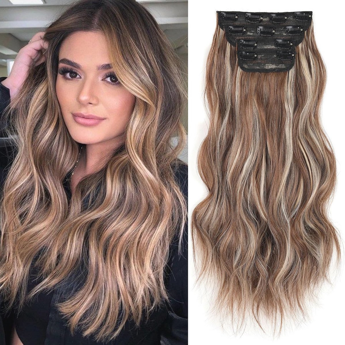 Lange Golvende Clip-in Haarextensions in Chocoladebruin en Blond