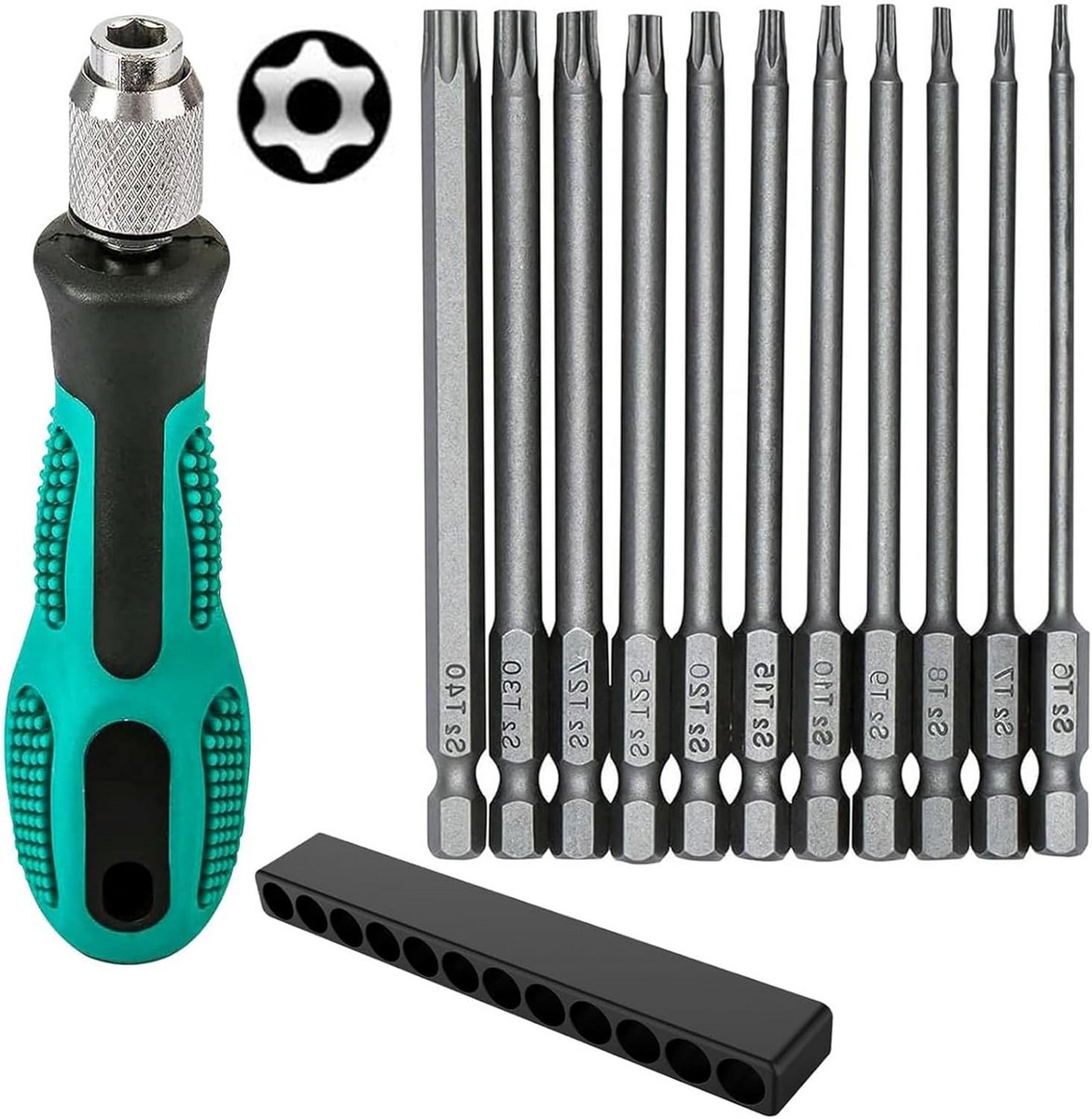 12-delige Torx-schroevendraaierset - Magnetische bitset voor elektrische en handschroevendraaiers, T6 - T40, 100 mm lang