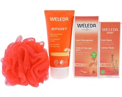 Weleda Sport Cadeauset Arnica – 4-delig – Douchegel + Massageolie + Voetenbalsem + Spons – Cadeau voor hem