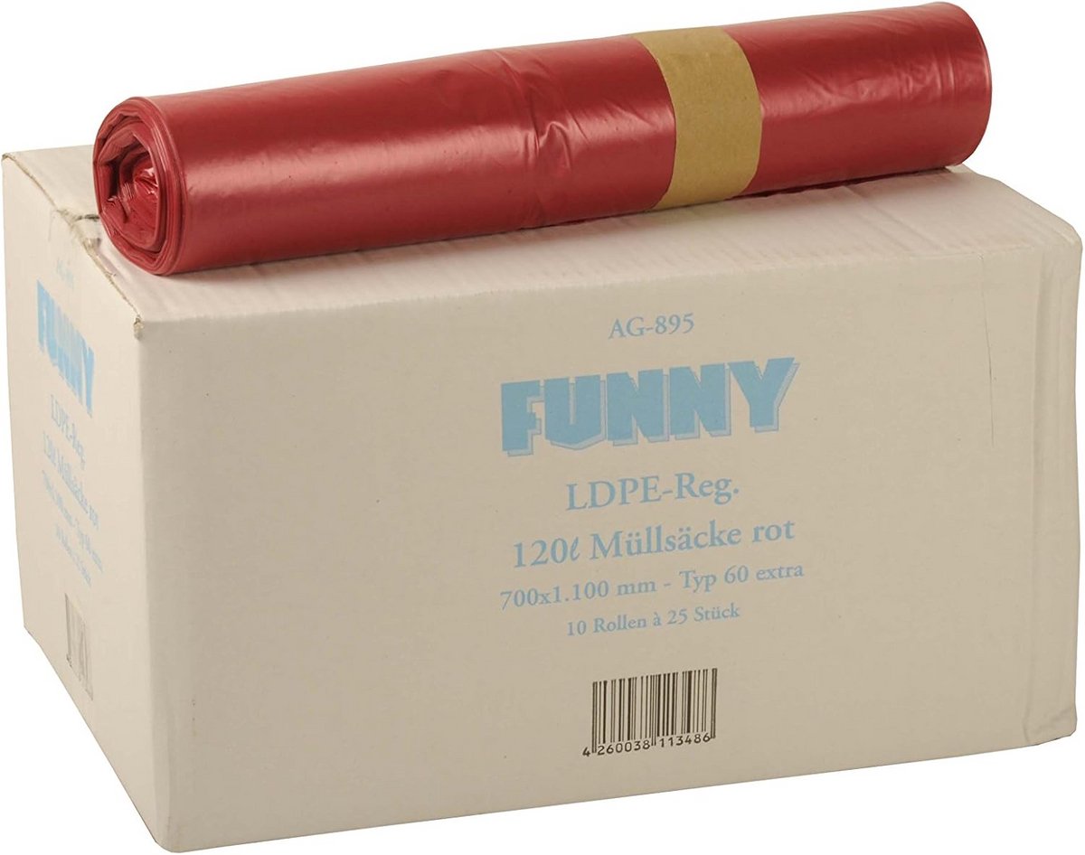Extra Sterke Rode Vuilniszakken 120 Liter LDPE Rol (250 Stuks)