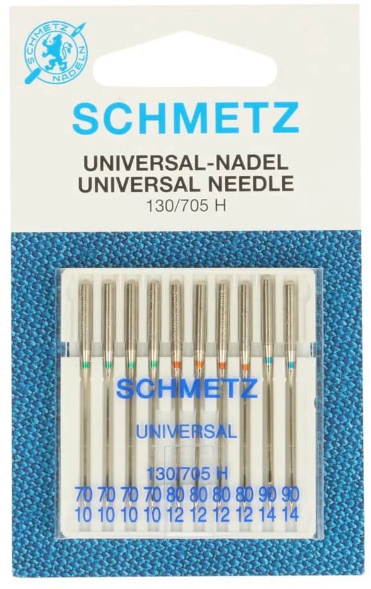 SCHMETZ Universal naalden 130/705 H in verpakking, met verschillende kleuren stippen.