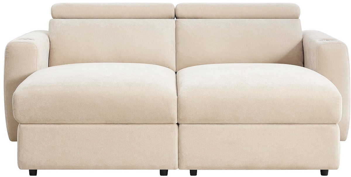 Vente-unique Driezitsbank met elektrische relaxfunctie en diepe zitting in beige stof BERALDA