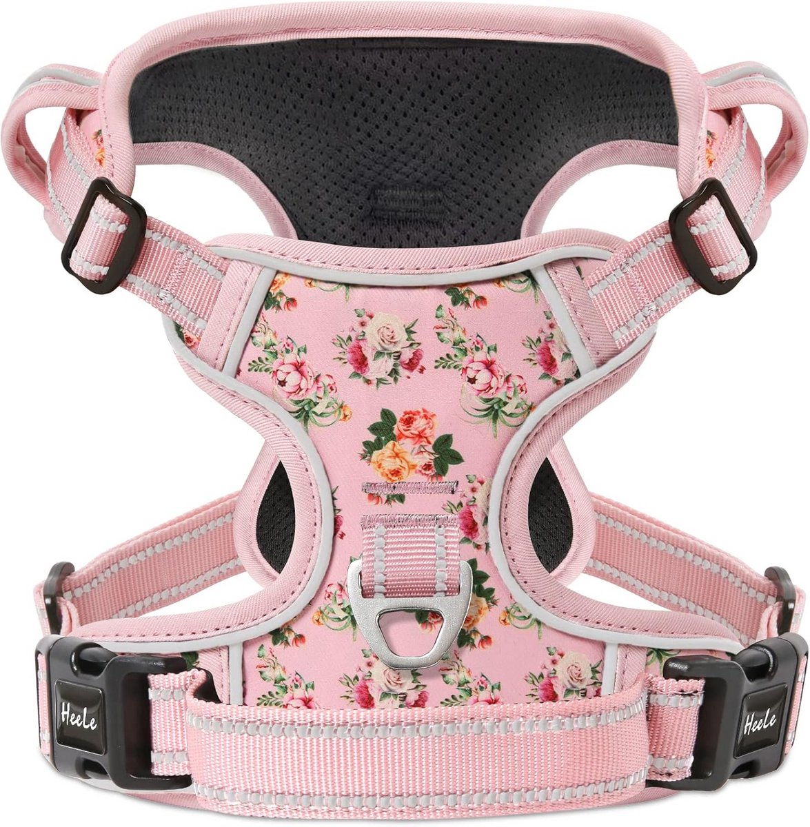 Hondenharnas voor Kleine Honden - Verstelbaar No Pull Hondentuig met Handvat en Reflecterende Accenten - Roze Bloemen - Ideaal voor Wandelen en Buitentraining