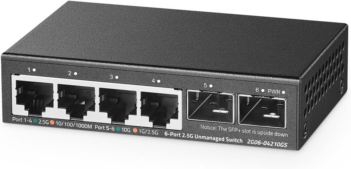 4-poorts 2.5G Netwerkswitch met SFP 2x10G en 4x2.5 Gigabit Ethernet-poorten - Ultraamini Formaat - Vlan Ondersteuning