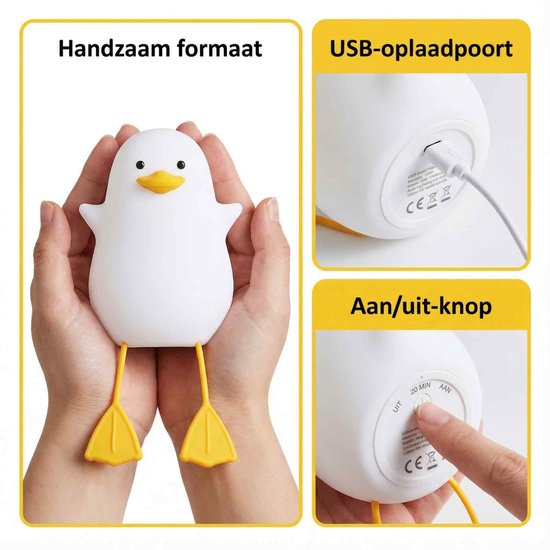 Eend en Zeemeeuw Nachtlampje - Siliconen Bedlampje - Touchbediening Draagbaar Oplaadbaar - Dimbaar met Timer - Kinderkamer Cadeau van Eend — afbeelding 5