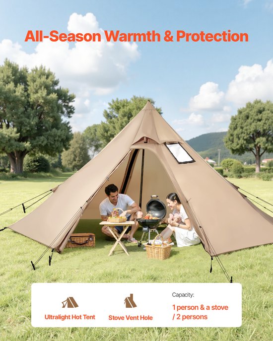 Draagbare 2-Persoons Tipi-Tent met Kachelpoort, Veelzijdige Canvas Wintertent voor Kamperen, Wandelen, Vissen En Backpacken, Geschikt voor Alle Seizoenen, Maat S van Merkloos — afbeelding 3