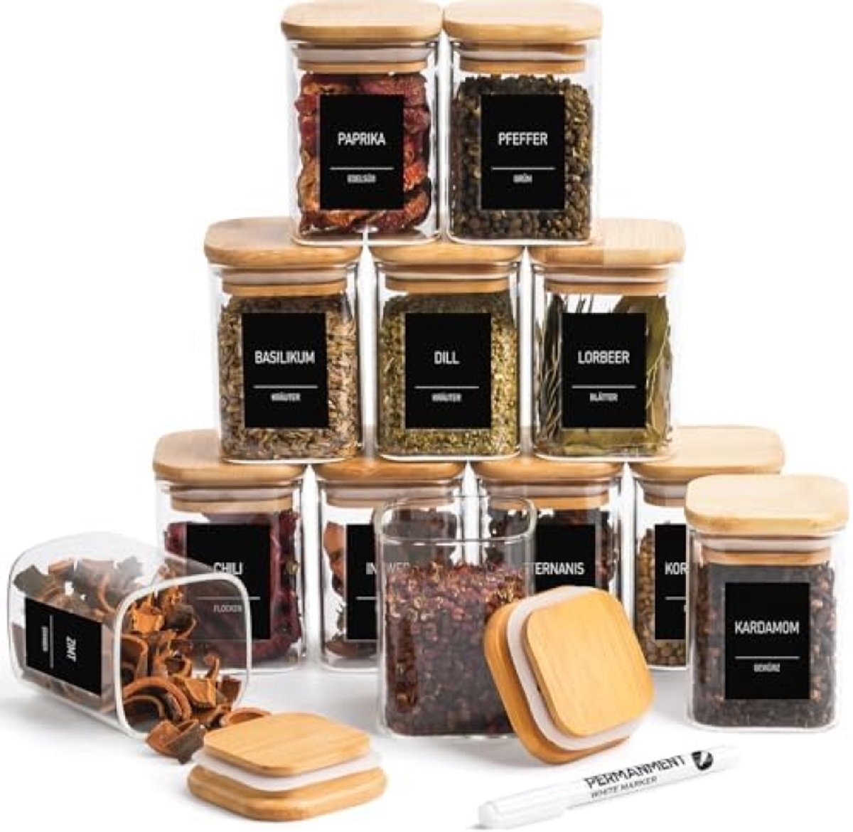 Set van 12 Glazen Kruidenpotjes met Houten Dekkels en Etiketten